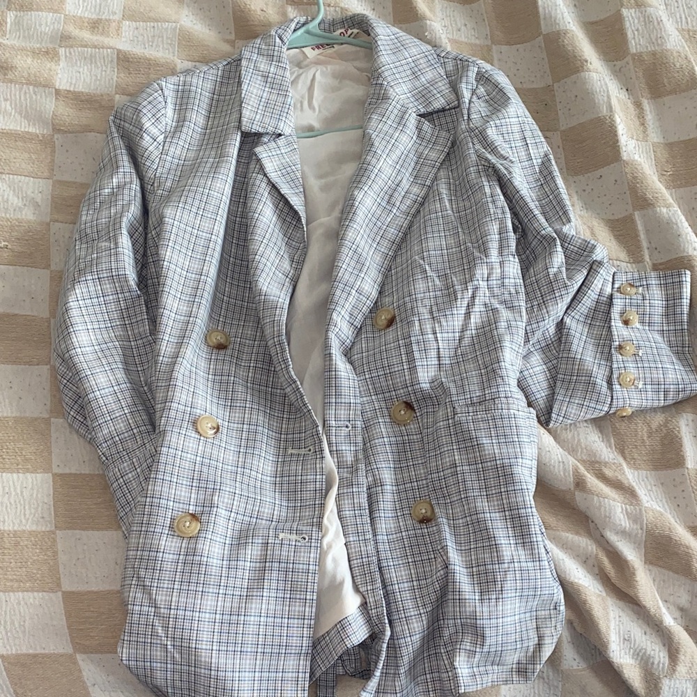 Free People Light Gray Plaid Blazer
